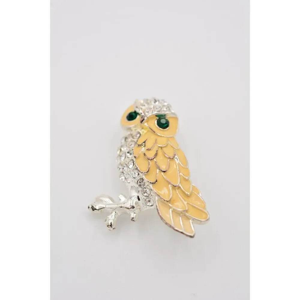 Vintage Owl Pin Brooch Rhinestone Crystal Green Cream Enamel Silver Shiny BinAT